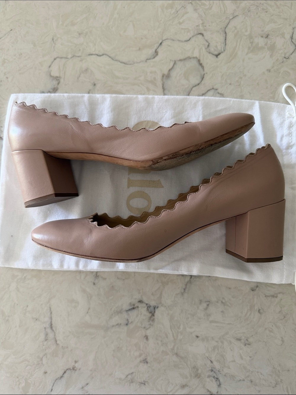 Chloe Lauren Scalloped Nude Leather Block Heel Pump - Picture 5 of 10
